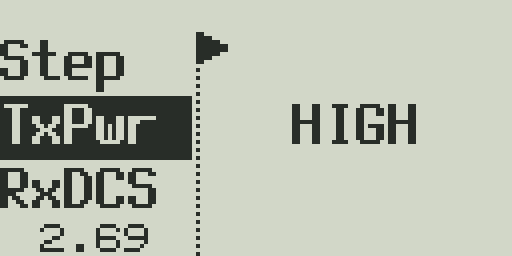 TX Power menu — selecting HIGH