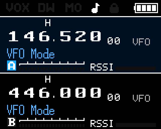 Main display layout showing status bar, VFO A (top), divider, and VFO B (bottom)