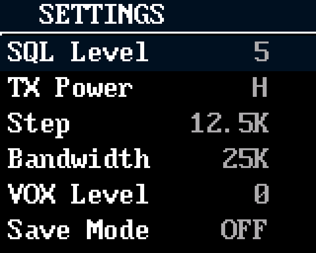 RT-900 settings menu screen